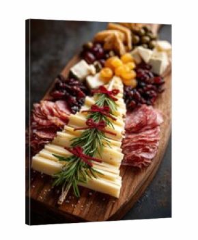 Charcuterie board shaped as Christmas tree with meats, cheeses, fruits, nuts, rosemary garlands, star topper. Elegant holiday snack platter, creative festive grazing vibe.