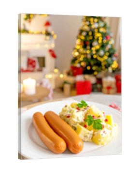 Würstchen mit Kartoffelsalat, traditionelles Essen in Deutschland zu Weihnachten 