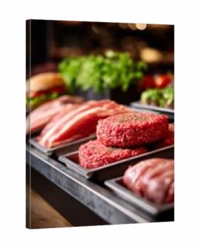 Colorful trays display a variety of freshly sliced meats and patties, enticing customers in a vibrant market atmosphere during the early evening hours, perfect for grilling