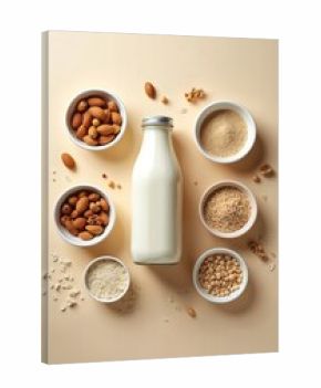 Bottle of plant milk with almonds, walnuts, soy, and oats. Ingredients are raw and processed, for healthy eating and breakfast recipes. Offers alternative beverage.