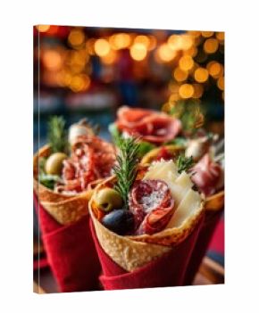 Gourmet charcuterie cones filled with assorted cheeses, olives, cured meats and rosemary sprigs, wrapped in elegant red paper, served at a holiday market.