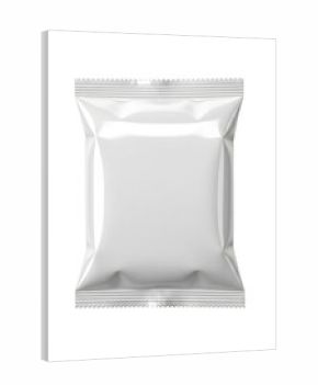 Blank white glossy snack package mockup, food packaging vector, chips bag mockup, plastic pack template, empty foil pouch isolated on transparent background
