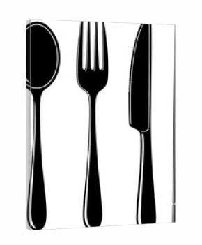 Black and white cutlery set Spoon, fork, knife, and chopsticks for dining. Ideal for restaurants or food illustrations
