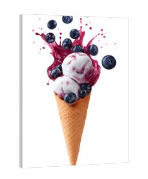 Ice cream cone with blueberries and cream isolated on transparent background, perfect for dessert and fruit visuals..