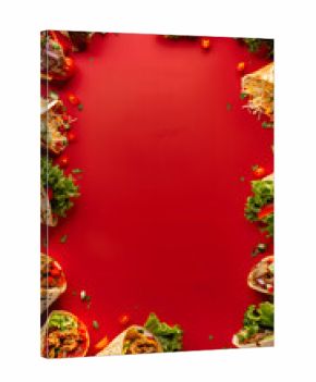 Assorted shawarma wraps arranged around the border on a clean red background, top-view food layout. Menus, food ads, delivery app banners, restaurant promotions.