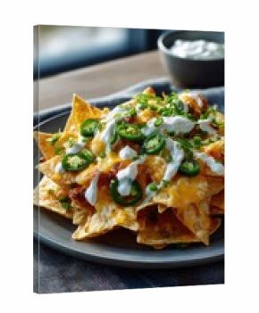 Golden crispy tortilla chips piled high with melted cheddar cheese, fresh jalapeño slices, cool sour cream, and vibrant green onions for a delicious Mexican inspired snack.