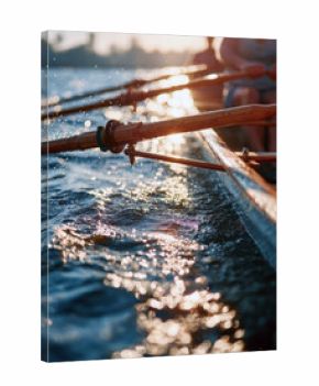 rowing crew on the water at sunrise or sunset. Focus is on the wooden oars and the sparkling, splashing water. Captures the speed, teamwork, fitness, and golden light of the sport.