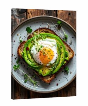 Overhead shot of avocado toast with poached egg, microgreens, rustic wooden table, natural light, food stock photo 