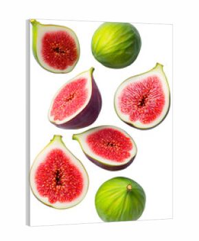 Fresh ripe figs with green leaves, isolated on white. Organic fruit composition ideal for food design, natural product packaging and advertising.
