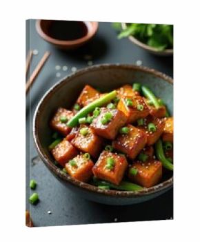 Close up of vegan tofu with soy sauce and sesame. Cubes of tofu served in rustic bowl with green onions. Asian food. Healthy diet. Tasty dish with sauce and vegetable.