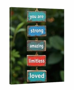 Colorful wooden signs outdoor hanging show positive affirmations. You are strong amazing limitless loved messages inspire wellbeing self belief and confidence. Greenery background.
