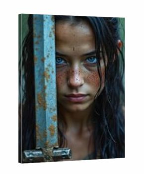 Young girl with long dark hair and piercing blue eyes holds an old rusted sword. She looks determined and ready for battle. Freckles dust her face.