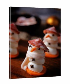 Mozzarella balls with sausage, bacon and carrot slices in the form of snowman for Christmas holidays