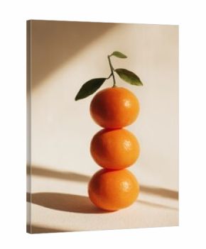 Three matte mandarins stacked on white surface with soft shadows.