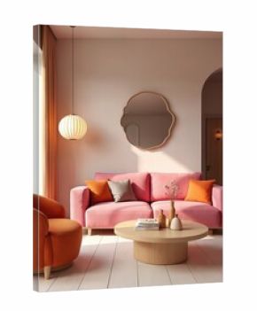 Cozy living room features pink sofa, orange armchair, and light wood coffee table. Modern mirror hangs on pastel wall, with sheer curtains framing large window and natural light filling space.
