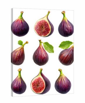 Set of fresh fig and halved fig showing its vibrant interior with green leaf isolated on white transparent background