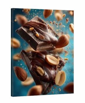 Dark chocolate pieces flying with nuts against blue
