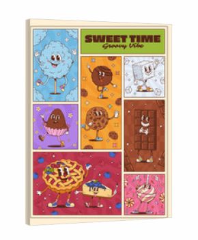 Sweets and dessert groovy characters posters, vector retro pastry and confectionery food. Cartoon groovy chocolate bar, fruit pie and cheesecake, cookie, lollipop and sugar characters, bakery posters