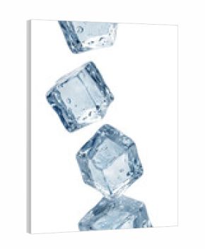 Four ice cubes falling with water droplets isolated on transparent background