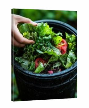 A hand adds green leafy kitchen scraps to a black compost bin outside. There are some tomato scraps already inside