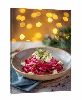 Pasta coated in bright beetroot sauce topped with ricotta and herbs sits against a minimal festive backdrop with warm lights.