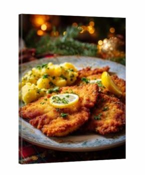 Golden crispy schnitzel served with potato salad and lemon slices rests on a festive tablecloth in warm Christmas light.