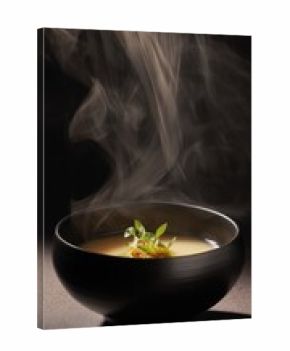 Steaming Bowl of Soup Garnished with Herbs