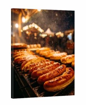 Golden bratwursts sizzle on a steaming grill, served in crusty buns under glowing Christmas market lights and gentle snowfall.