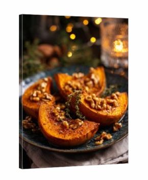 Honey-roasted pumpkin slices topped with walnuts and thyme rest on festive linen with soft glowing lights and cozy Christmas charm.
