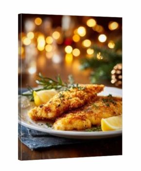 Crispy fried fish fillet with lemon and herbs rests on a festive plate with warm lights. A traditional Polish Christmas Eve dish known as fried carp.