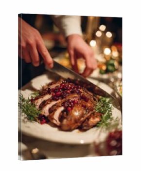 Person slices roasted duck with cranberry glaze at a warm festive table surrounded by Christmas decor. Soft lighting enhances the cozy celebration mood.