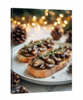 Crispy bread topped with sauteed mushrooms and thyme sits on a plate surrounded by pinecones and glowing string lights, creating a rustic festive charm.
