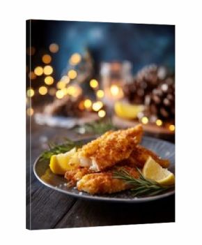 Crispy fried fish fillet with lemon and herbs rests on a festive plate with warm lights. A traditional Polish Christmas Eve dish known as fried carp.