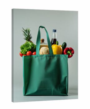 Vegetables and drinks in a green tote bag on isolated background — perfect for food delivery visuals, used for grocery ads and supermarket promotions.