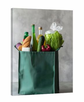 Groceries in a green reusable bag on isolated background — perfect for supermarket ads, used for food delivery and grocery promotion.
