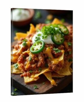 Loaded pulled pork nachos with melted cheese, sour cream, and jalapeno slices. Served on a rustic wooden board with fresh cilantro garnish. A savory and spicy snack.