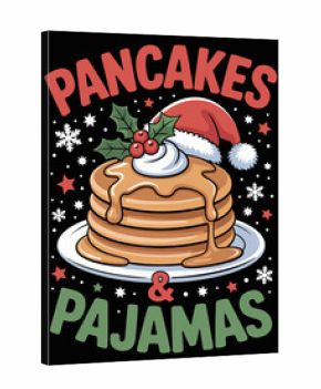 A stack of pancakes is topped with a Santa hat and holly, framed by festive text. Snowflakes and stars accentuate the holiday theme.