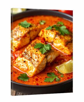 A closeup of Eritrean asa fish stew shows tender fish pieces in a spicy tomato sauce.