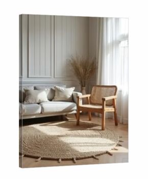 Cozy living room features neutral tones. A light grey couch and wooden chair are complemented by a woven rug. Natural light streams through sheer curtains illuminating the space.