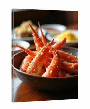 Cooked king crab legs with garlic and seasoning served in bowl. Rich seafood dish, delicious meal prepared for fine dining experience. Appetizing crab claws ready to eat.