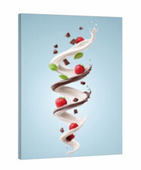A delicious swirl of soft serve ice cream topped with fresh strawberries and chocolate pieces against a pastel backdrop.