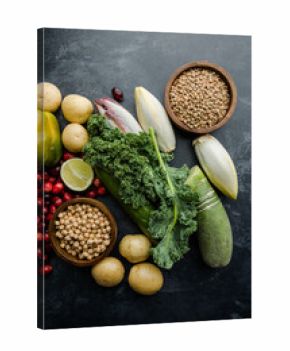 Fresh vegetables, legumes and fruits rich in vitamins — healthy vegan ingredients