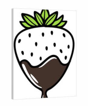 Cartoon white strawberry with green leaves dipped in rich dark chocolate sauce dripping sweet dessert illustration