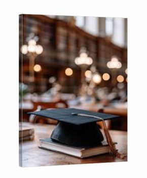 A graduation cap placed on a book sits on a wooden table in a warm library filled with shelves of books and soft lights