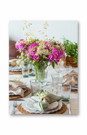 Shavuot table setting. Herbs table decorations for holidays and dinner