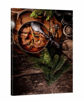 Venison Goulash Stew in Pot with Serving Spoon