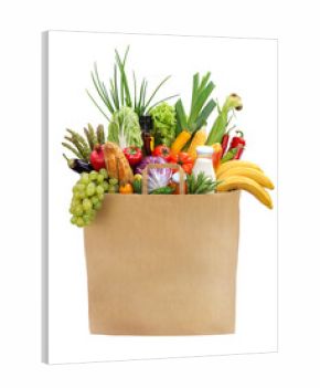 Full grocery bag / studio photography of brown grocery bag with fruits, vegetables, bread, bottled beverages - isolated over white background. High resolution product