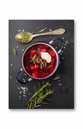 Ukrainian and Russian National vegetable soup - red borsch in pot