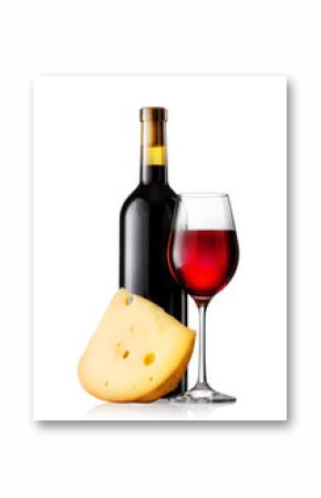 Glass and bottle of red wine with cheese