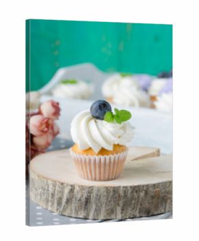 Summer cupcakes with blueberries and mint flavoured cream. Homemade.